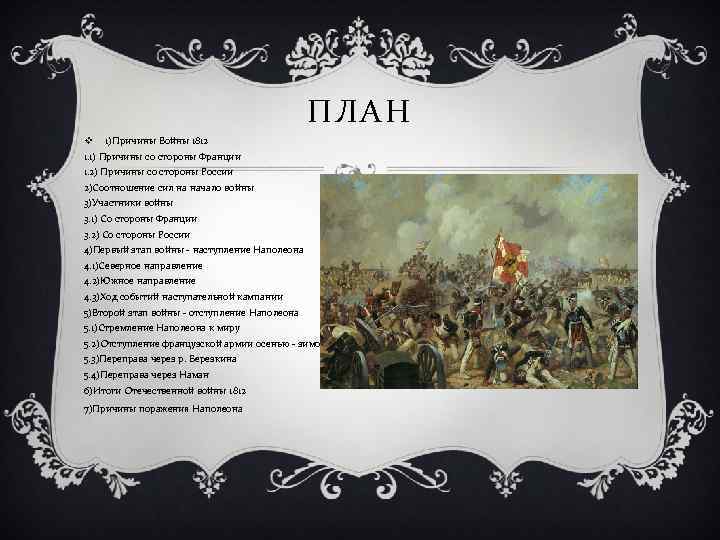 ПЛАН v 1)Причины Войны 1812 1. 1) Причины со стороны Франции 1. 2) Причины