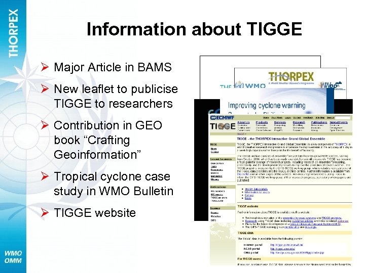 Information about TIGGE Ø Major Article in BAMS Ø New leaflet to publicise TIGGE