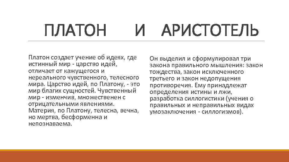 ПЛАТОН И АРИСТОТЕЛЬ Платон создает учение об идеях, где истинный мир - царство идей,