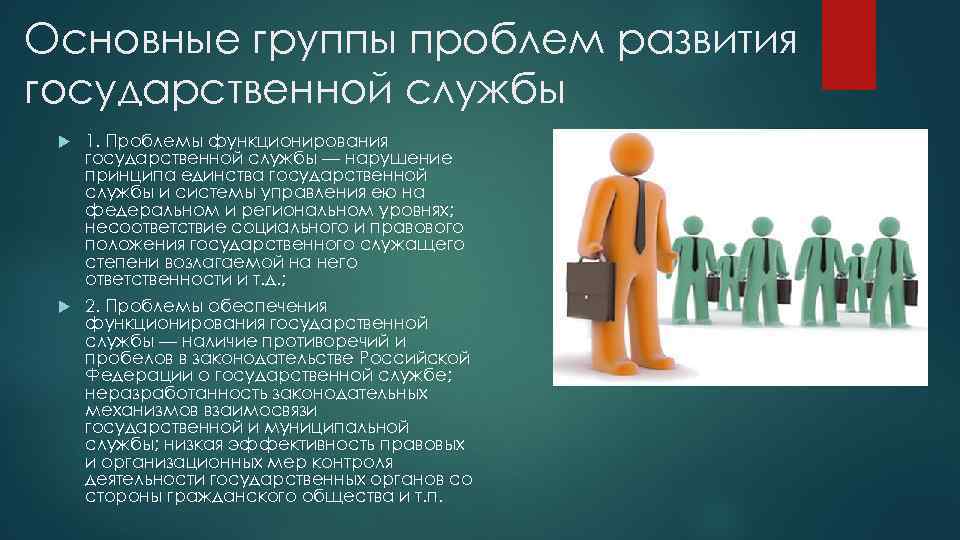 Основные группы проблем развития государственной службы 1. Проблемы функционирования государственной службы — нарушение принципа