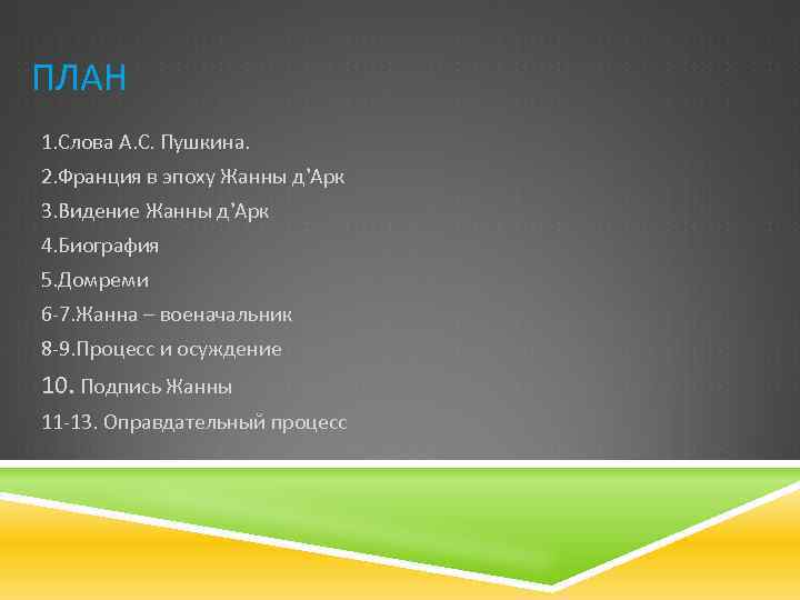 ПЛАН 1. Слова А. С. Пушкина. 2. Франция в эпоху Жанны д’Арк 3. Видение