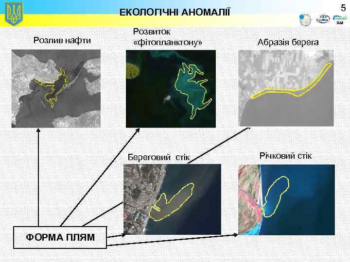 5 ЕКОЛОГІЧНІ АНОМАЛІЇ Розлив нафти Розвиток «фітопланктону» Береговий стік ФОРМА ПЛЯМ Абразія берега Річковий