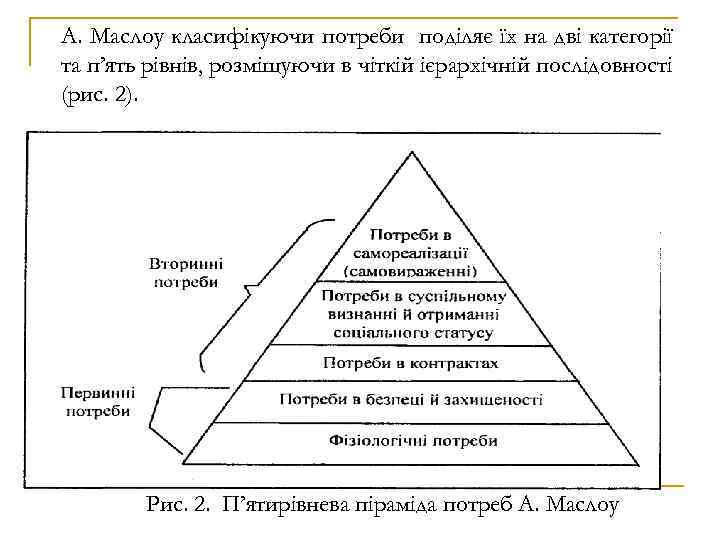 А. Маслоу класифікуючи потреби поділяє їх на дві категорії та п’ять рівнів, розміщуючи в