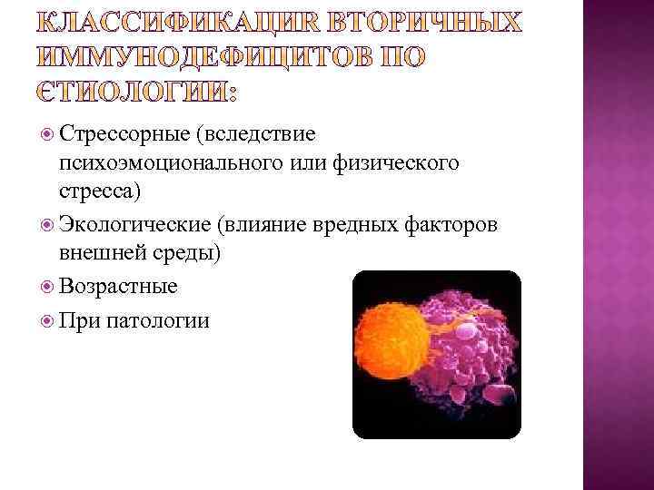  Стрессорные (вследствие психоэмоционального или физического стресса) Экологические (влияние вредных факторов внешней среды) Возрастные