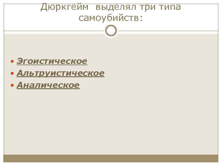 Дюркгейм выделял три типа самоубийств: Эгоистическое Альтруистическое Аналическое 