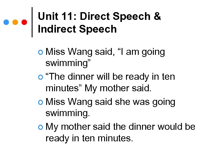 Unit 11: Direct Speech & Indirect Speech ¢ Miss Wang said, “I am going