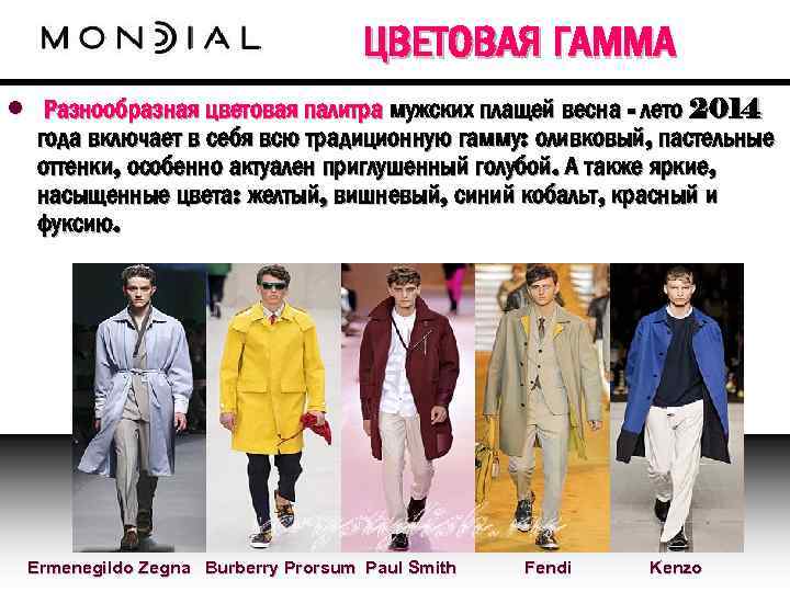 ЦВЕТОВАЯ ГАММА • Разнообразная цветовая палитра мужских плащей весна - лето 2014 года включает