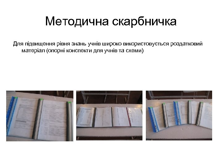 Методична скарбничка Для підвищення рівня знань учнів широко використовується роздатковий матеріал (опорні конспекти для