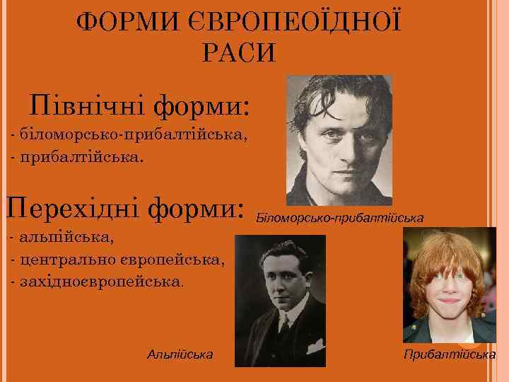 ФОРМИ ЄВРОПЕОЇДНОЇ РАСИ Північні форми: - біломорсько-прибалтійська, - прибалтійська. Перехідні форми: Біломорсько-прибалтійська - альпійська,