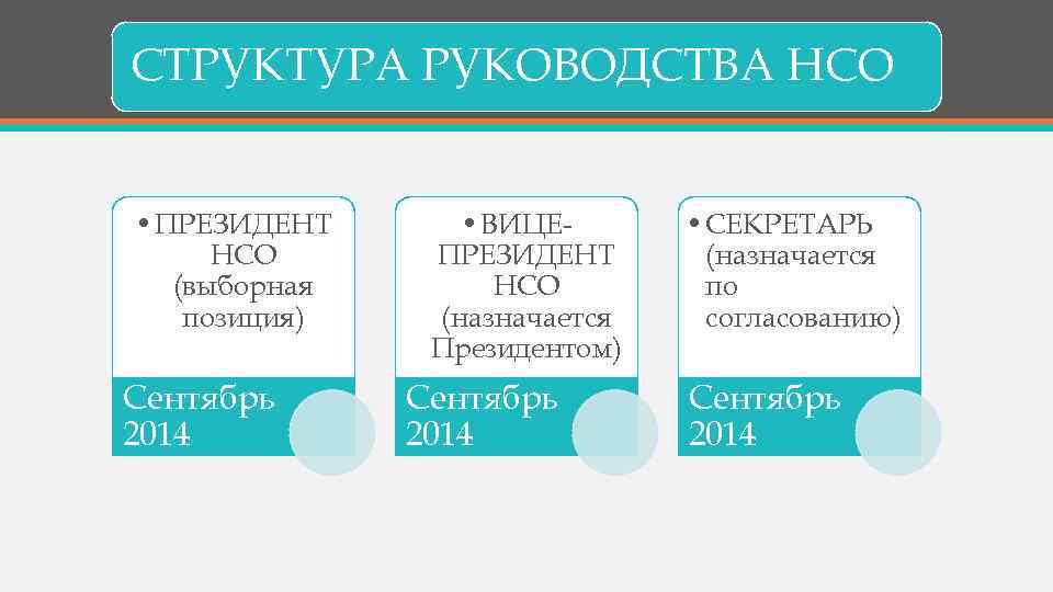 СТРУКТУРА РУКОВОДСТВА НСО • ПРЕЗИДЕНТ НСО (выборная позиция) Сентябрь 2014 • ВИЦЕПРЕЗИДЕНТ НСО (назначается