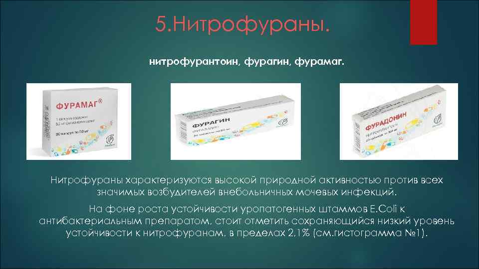 5. Нитрофураны. нитрофурантоин, фурагин, фурамаг. Нитрофураны характеризуются высокой природной активностью против всех значимых возбудителей
