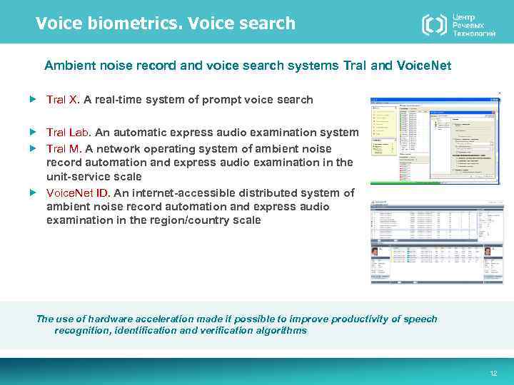 Voice biometrics. Voice search Ambient noise record and voice search systems Tral and Voice.