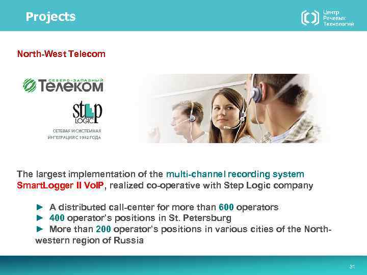 Projects North-West Telecom The largest implementation of the multi-channel recording system Smart. Logger II