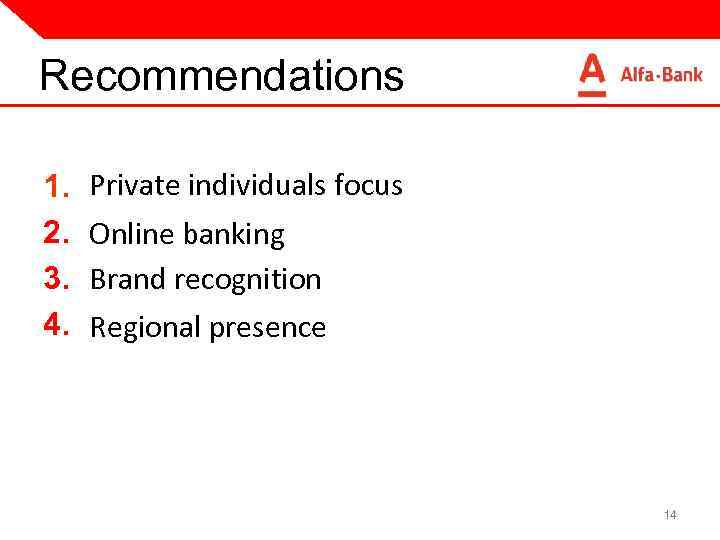 Recommendations 1. 2. 3. 4. Private individuals focus Online banking Brand recognition Regional presence