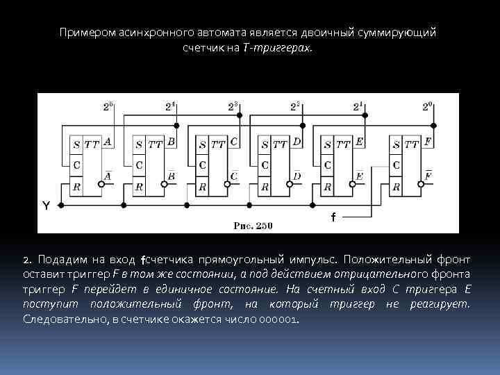 Примером асинхронного автомата является двоичный суммирующий счетчик на Т-триггерах. Y f 2. Подадим на
