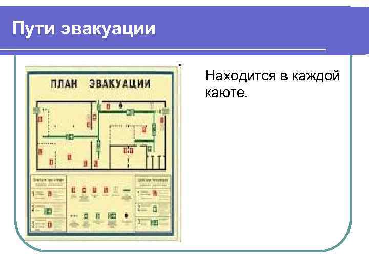 Пути эвакуации Находится в каждой каюте. 