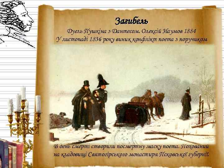 Загибель Дуель Пушкіна з Дантесом. Олексій Наумов 1884 У листопаді 1836 року виник конфлікт