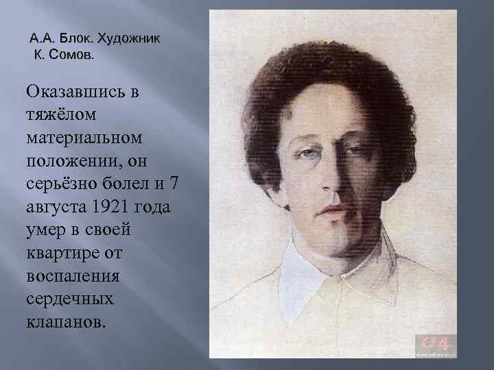 А. А. Блок. Художник К. Сомов. Оказавшись в тяжёлом материальном положении, он серьёзно болел