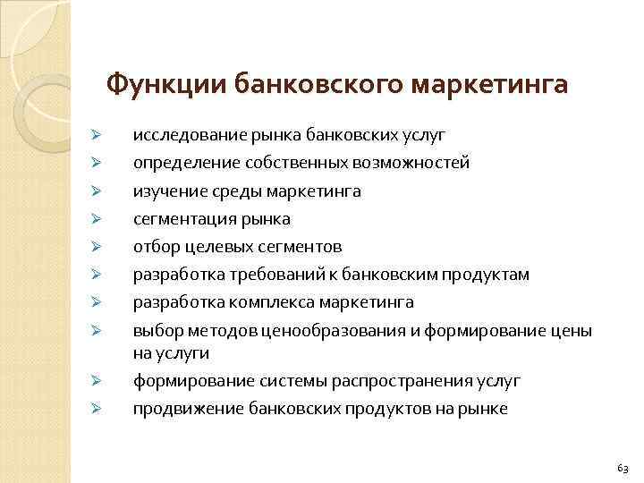 Функции банковского маркетинга Ø Ø Ø Ø Ø исследование рынка банковских услуг определение собственных