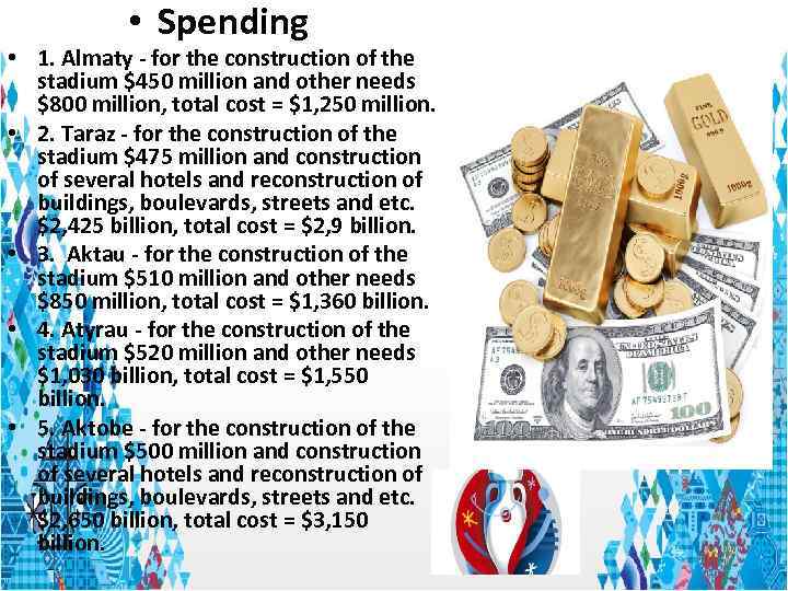  • Spending • 1. Almaty - for the construction of the stadium $450