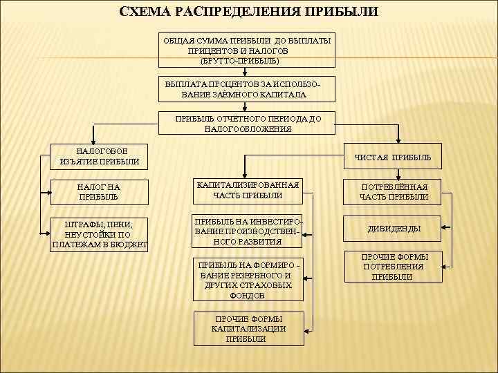 СХЕМА РАСПРЕДЕЛЕНИЯ ПРИБЫЛИ ОБЩАЯ СУММА ПРИБЫЛИ ДО ВЫПЛАТЫ ПРИЦЕНТОВ И НАЛОГОВ (БРУТТО-ПРИБЫЛЬ) ВЫПЛАТА ПРОЦЕНТОВ