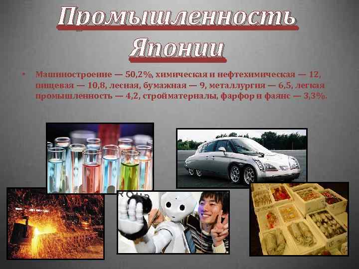 Промышленность Японии • Машиностроение — 50, 2%, химическая и нефтехимическая — 12, пищевая —