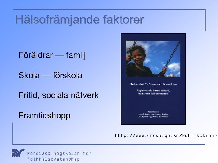 Hälsofrämjande faktorer Föräldrar — familj Skola — förskola Fritid, sociala nätverk Framtidshopp http: //www.
