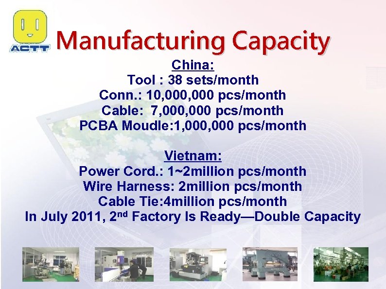 Manufacturing Capacity China: Tool : 38 sets/month Conn. : 10, 000 pcs/month Cable: 7,