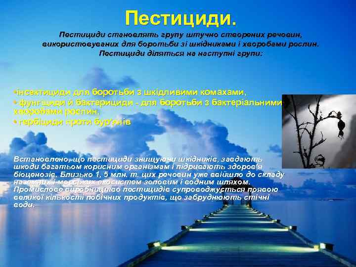 Пестициди становлять групу штучно створених речовин, використовуваних для боротьби зі шкідниками і хворобами рослин.