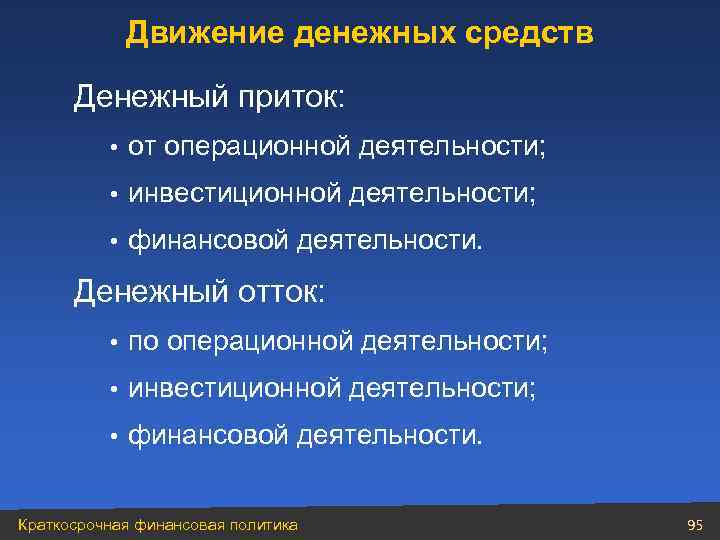 Движение денежных средств Денежный приток: • от операционной деятельности; • инвестиционной деятельности; • финансовой