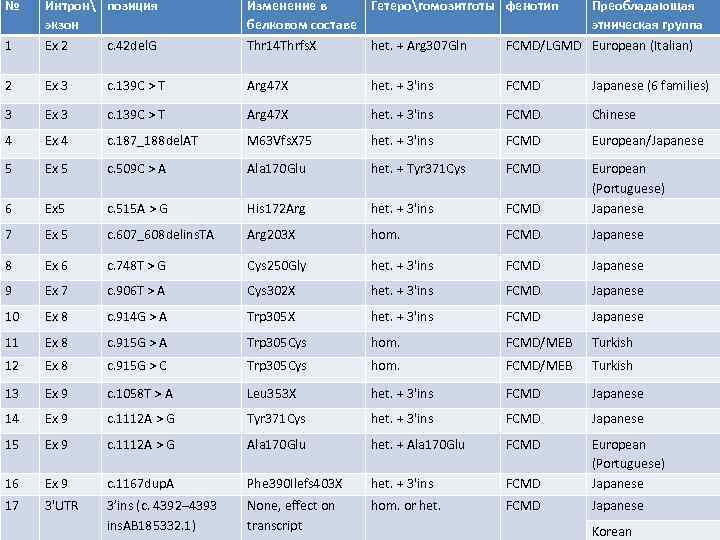 № Изменение в белковом составе Thr 14 Thrfs. X Гетерогомозитготы фенотип 1 Интрон позиция