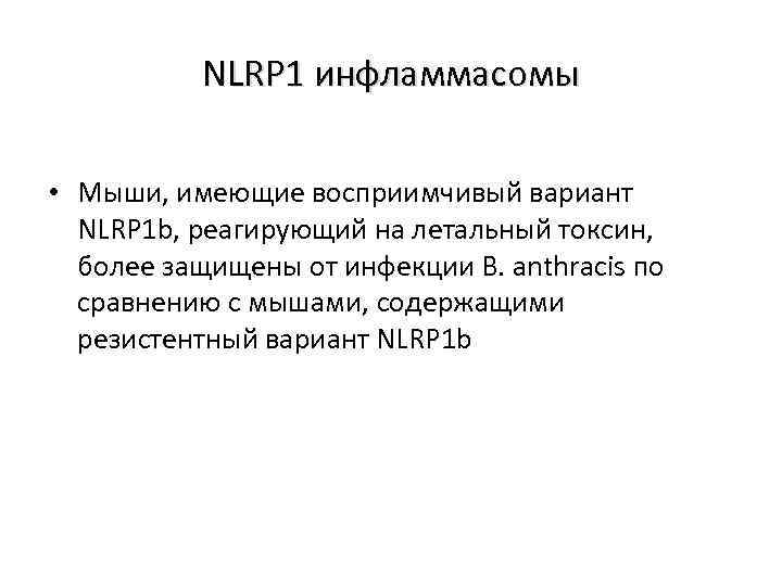 NLRP 1 инфламмасомы • Мыши, имеющие восприимчивый вариант NLRP 1 b, реагирующий на летальный