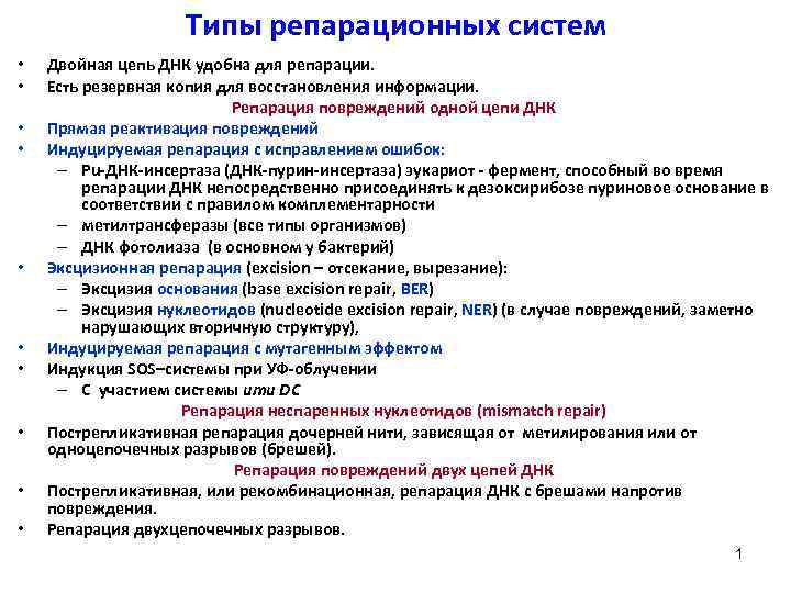 Типы репарационных систем • • • Двойная цепь ДНК удобна для репарации. Есть резервная