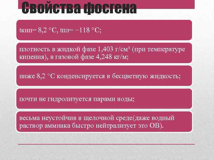 Свойства фосгена tкип= 8, 2 °C, tпл= − 118 °C; плотность в жидкой фазе