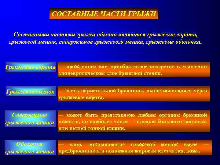 СОСТАВНЫЕ ЧАСТИ ГРЫЖИ Составными частями грыжи обычно являются грыжевые ворота, грыжевой мешок, содержимое грыжевого