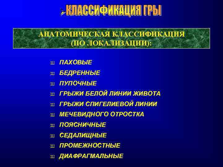АНАТОМИЧЕСКАЯ КЛАССИФИКАЦИЯ (ПО ЛОКАЛИЗАЦИИ): Ш ПАХОВЫЕ Ш БЕДРЕННЫЕ Ш ПУПОЧНЫЕ Ш ГРЫЖИ БЕЛОЙ ЛИНИИ