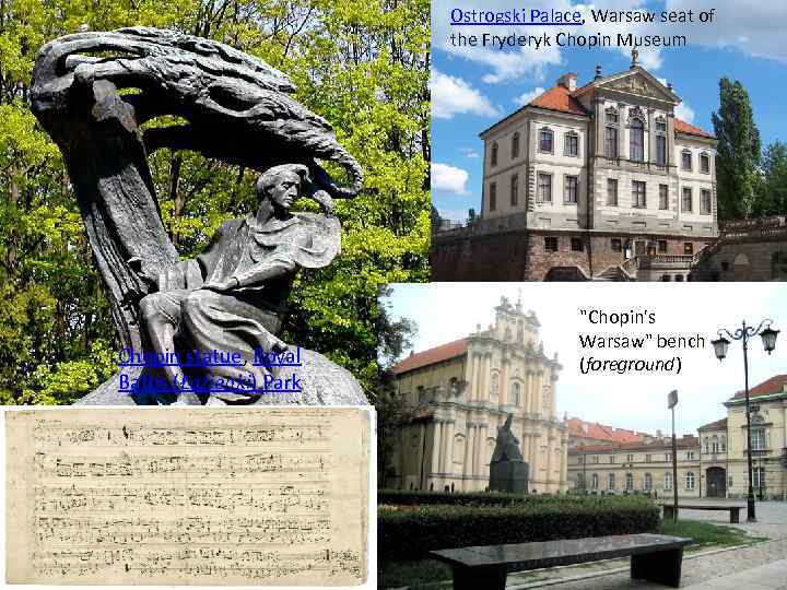 Ostrogski Palace, Warsaw seat of the Fryderyk Chopin Museum Chopin statue, Royal Baths (Łazienki)
