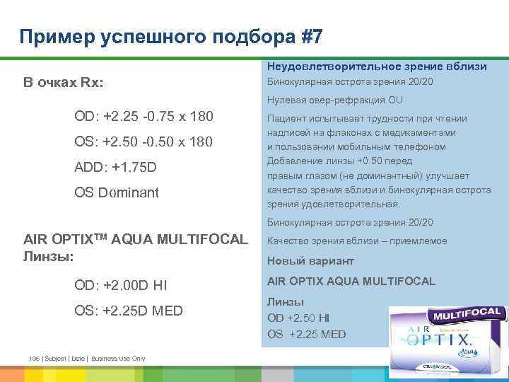 Пример успешного подбора #7 Неудовлетворительное зрение вблизи В очках Rx: Бинокулярная острота зрения 20/20