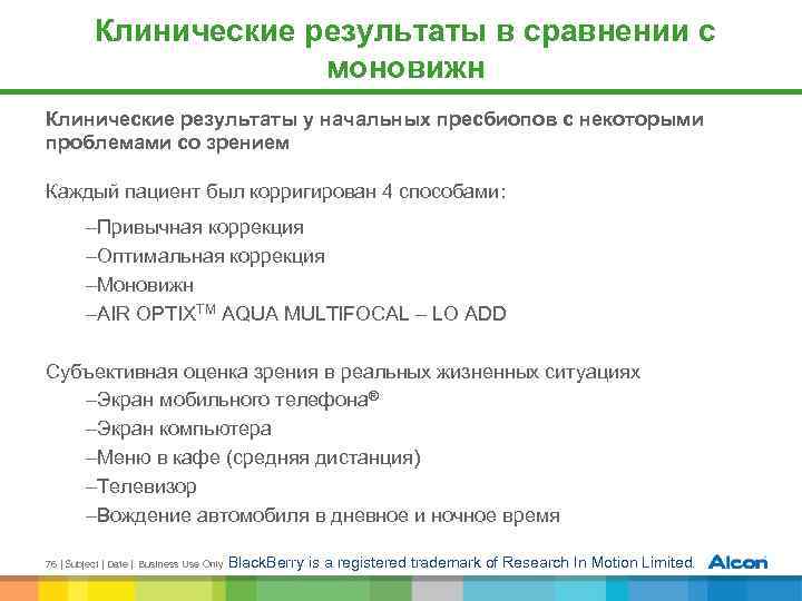 Клинические результаты в сравнении с моновижн Клинические результаты у начальных пресбиопов с некоторыми проблемами