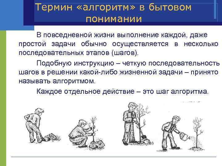 Термин «алгоритм» в бытовом понимании В повседневной жизни выполнение каждой, даже простой задачи обычно