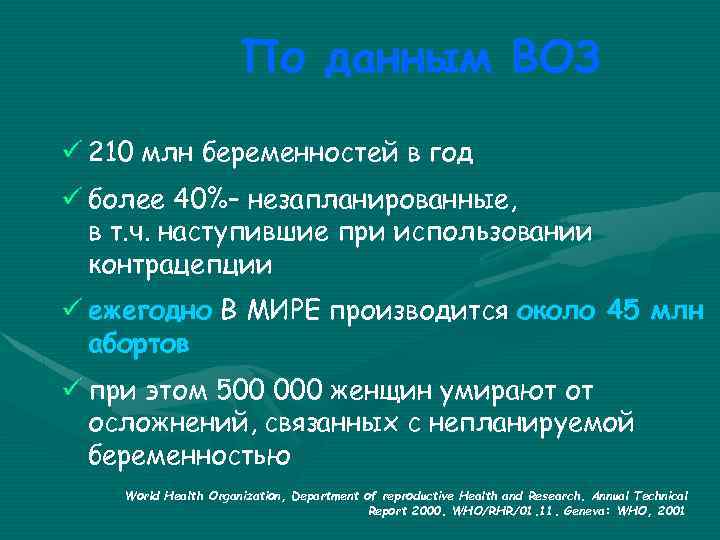 По данным ВОЗ ü 210 млн беременностей в год ü более 40%– незапланированные, в