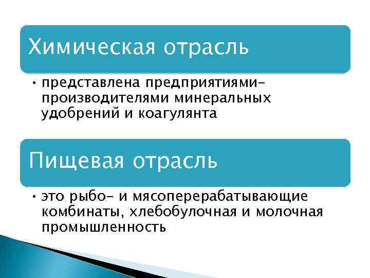 Химическая отрасль • представлена предприятиямипроизводителями минеральных удобрений и коагулянта Пищевая отрасль • это рыбо-