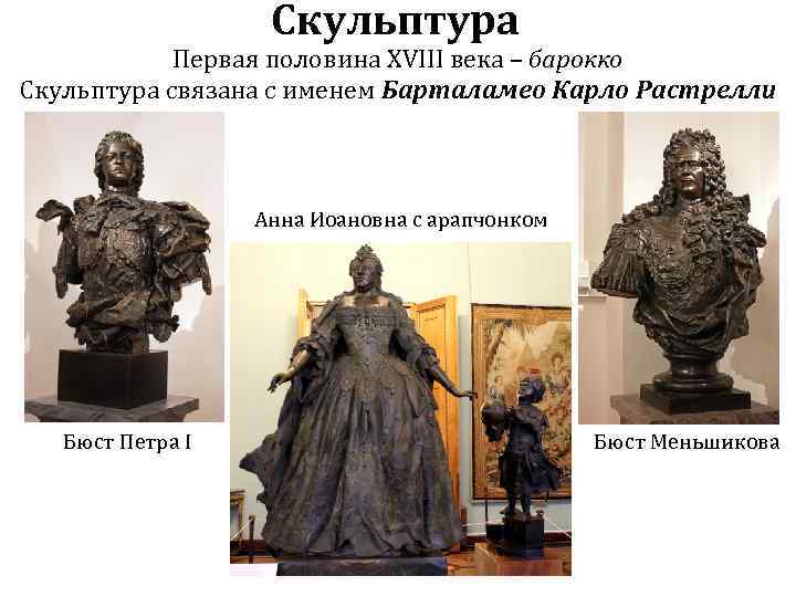 Скульптура Первая половина XVIII века – барокко Скульптура связана с именем Барталамео Карло Растрелли