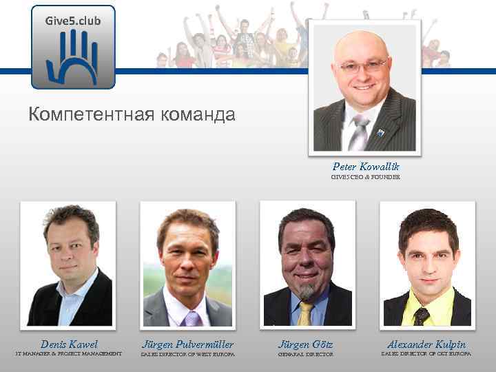 Компетентная команда Peter Kowallik GIVE 5 CEO & FOUNDER Denis Kawel Jürgen Pulvermüller Jürgen