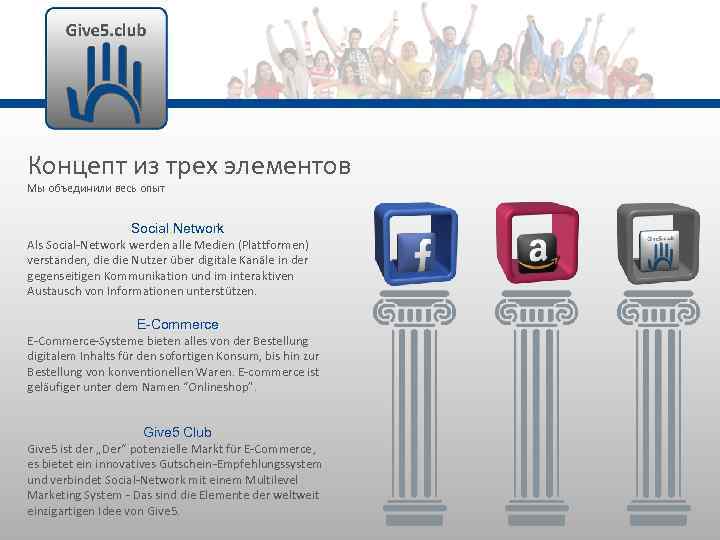 Концепт из трех элементов Мы объединили весь опыт Social Network Als Social-Network werden alle