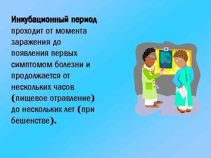 Инкубационный период проходит от момента заражения до появления первых симптомом болезни и продолжается от