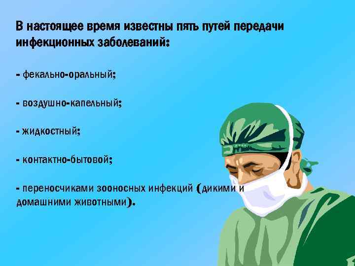 В настоящее время известны пять путей передачи инфекционных заболеваний: - фекально-оральный; - воздушно-капельный; -