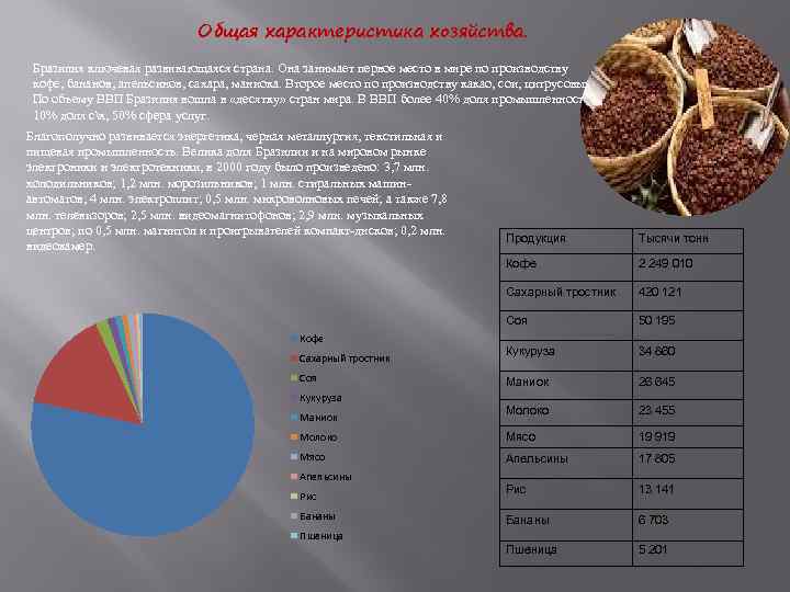 Общая характеристика хозяйства. Бразилия ключевая развивающаяся страна. Она занимает первое место в мире по