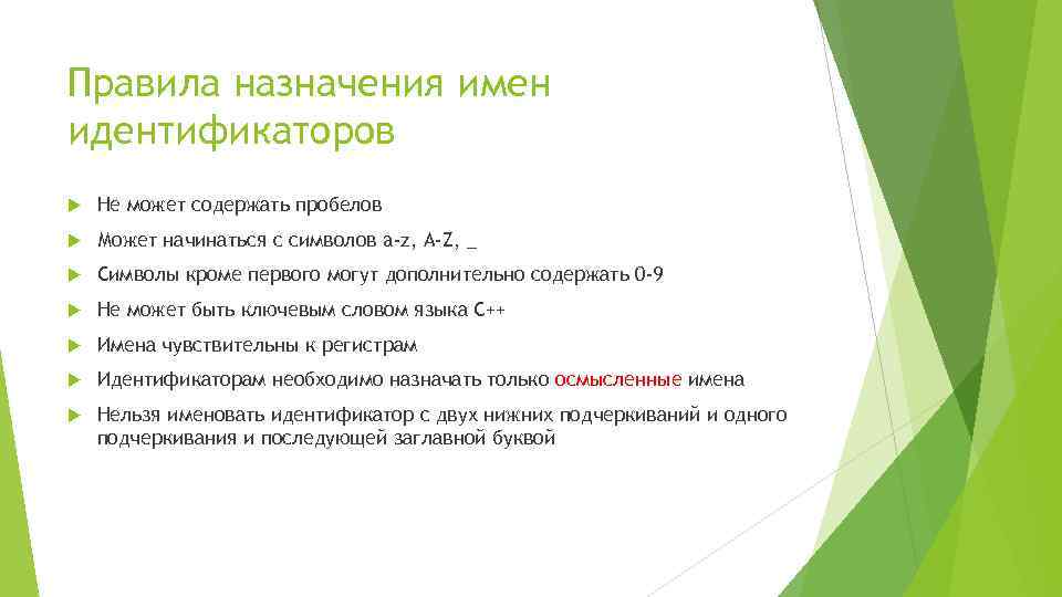 Правила назначения имен идентификаторов Не может содержать пробелов Может начинаться с символов a-z, A-Z,