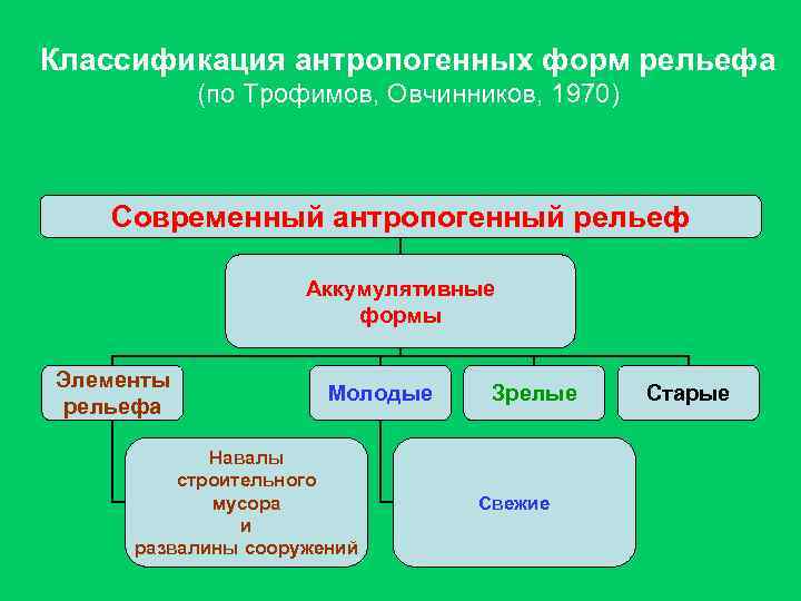 Классификация антропогенных форм рельефа (по Трофимов, Овчинников, 1970) Современный антропогенный рельеф Аккумулятивные формы Элементы